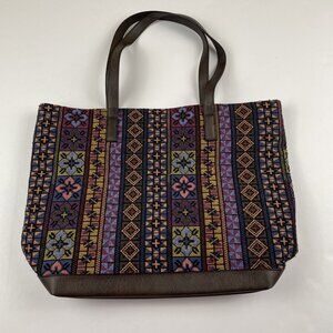 Bueno Tapestry Faux Leather Tote Bag Fabric Lined Inside Zip Pocket Boho